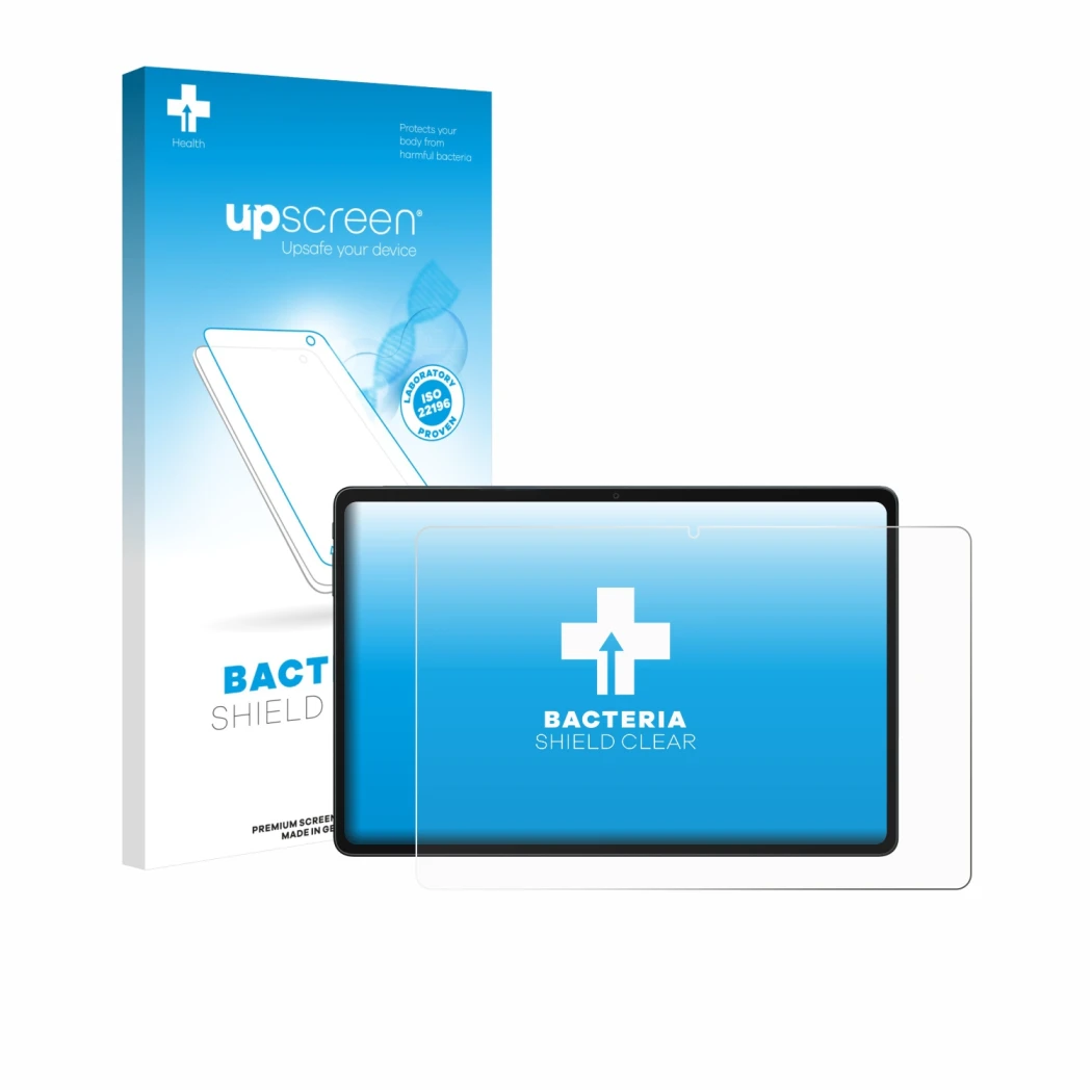Face avant d’un emballage produit avec le logo de la marque upscreen. À côté, l’appareil Alldocube iPlay 70E est représenté av
