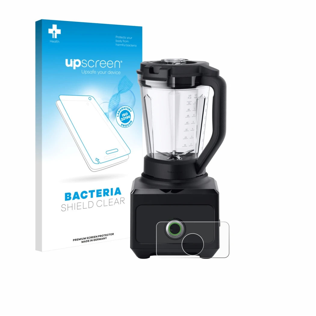 Face avant d’un emballage produit avec le logo de la marque upscreen. À côté, l’appareil Braun PowerBlend 9 est représenté ave