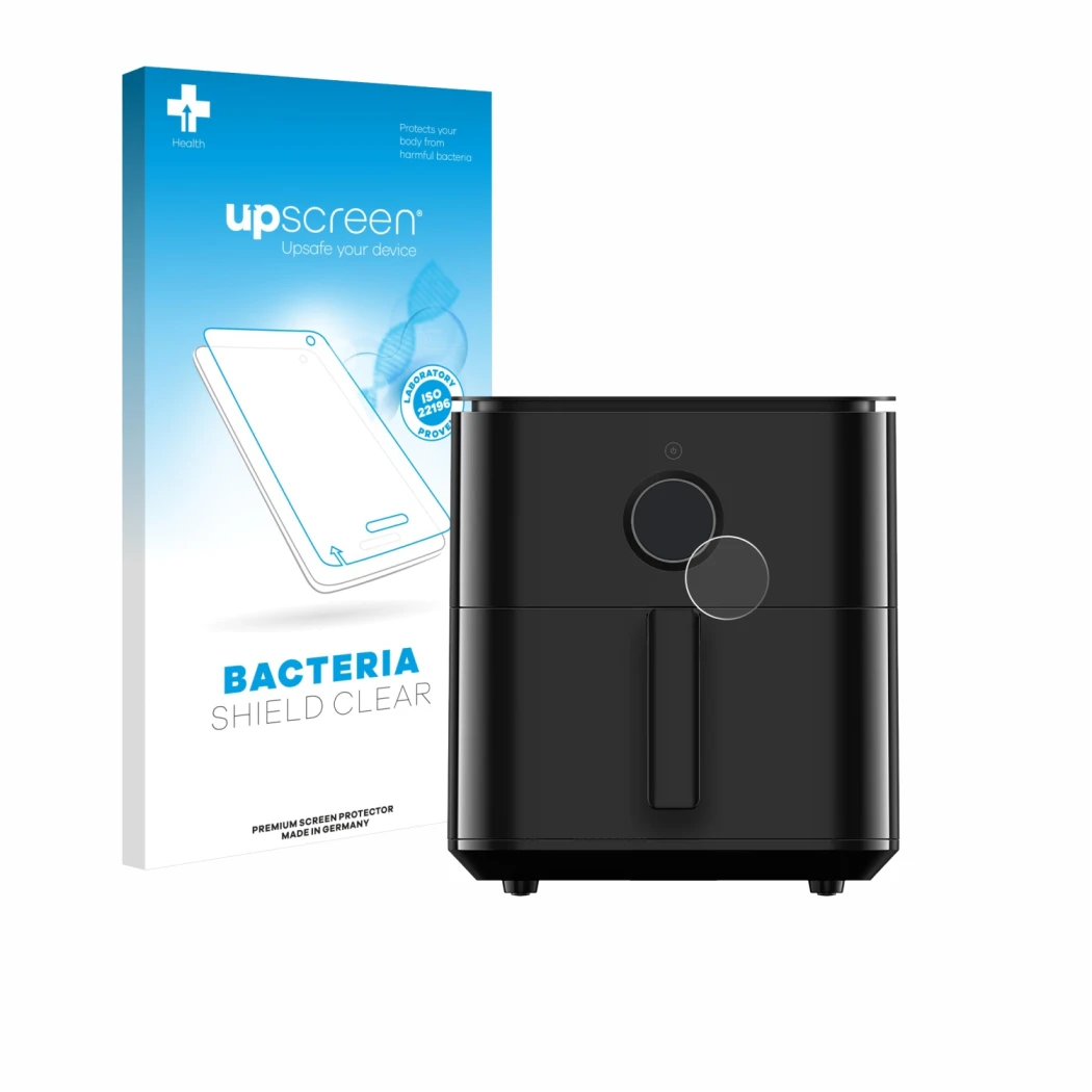 Face avant d’un emballage produit avec le logo de la marque upscreen. À côté, l’appareil Xiaomi Air Fryer 6.5 L est représenté
