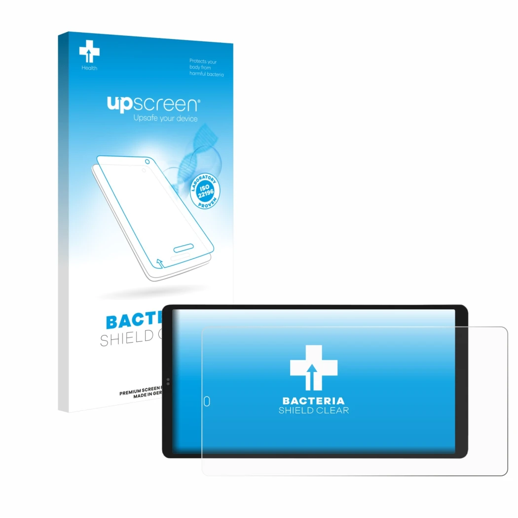 Face avant d’un emballage produit avec le logo de la marque upscreen. À côté, l’appareil Shelly Wall Display X2i est représent