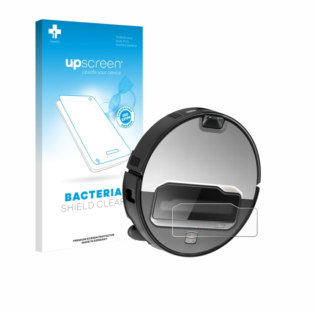 Face avant d’un emballage produit avec le logo de la marque upscreen. À côté, l’appareil Roborock Saros Z70 est représenté ave