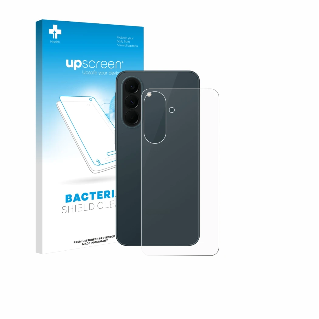 Face avant d’un emballage produit avec le logo de la marque upscreen. À côté, l’appareil Samsung Galaxy A37 5G (Arrière) est r