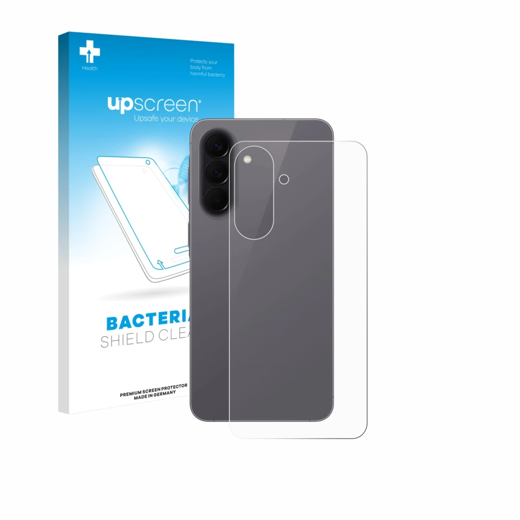 Face avant d’un emballage produit avec le logo de la marque upscreen. À côté, l’appareil Samsung Galaxy A57 5G (Arrière) est r