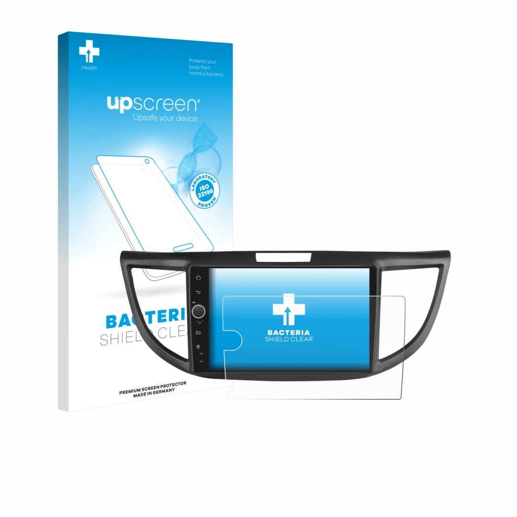 Face avant d’un emballage produit avec le logo de la marque upscreen. À côté, l’appareil Joying Car Radio 9