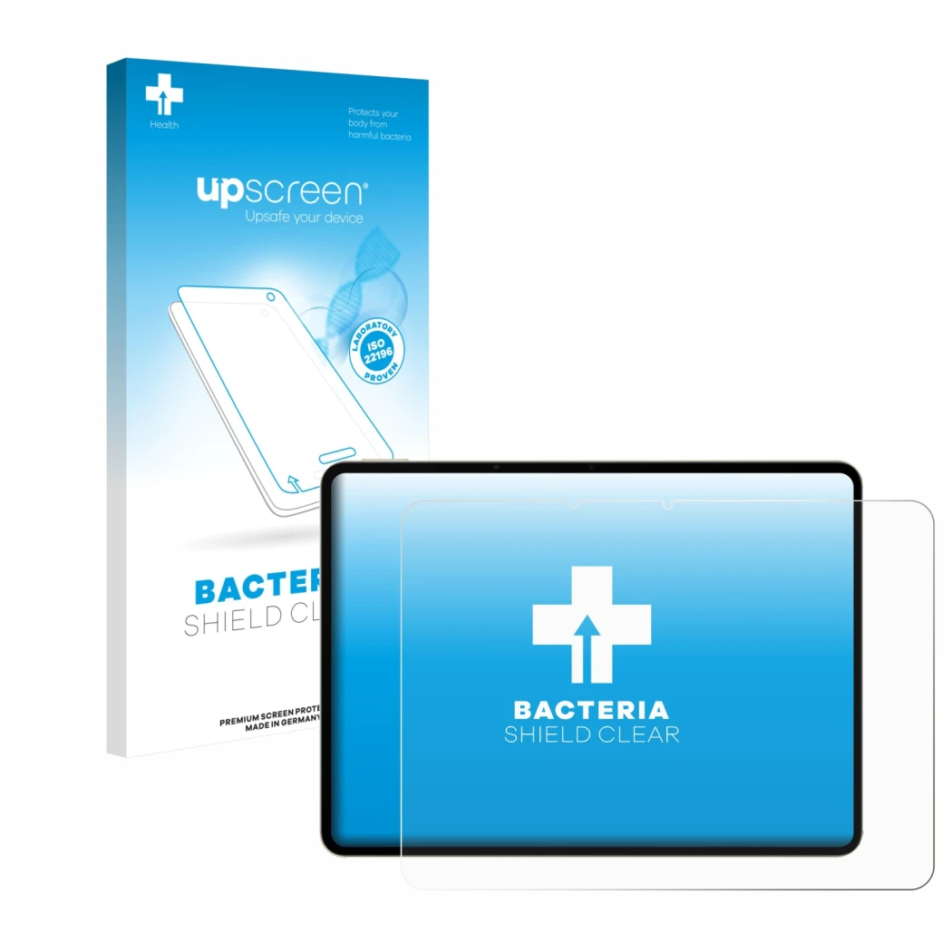 Face avant d’un emballage produit avec le logo de la marque upscreen. À côté, l’appareil realme Pad 3 est représenté avec la p