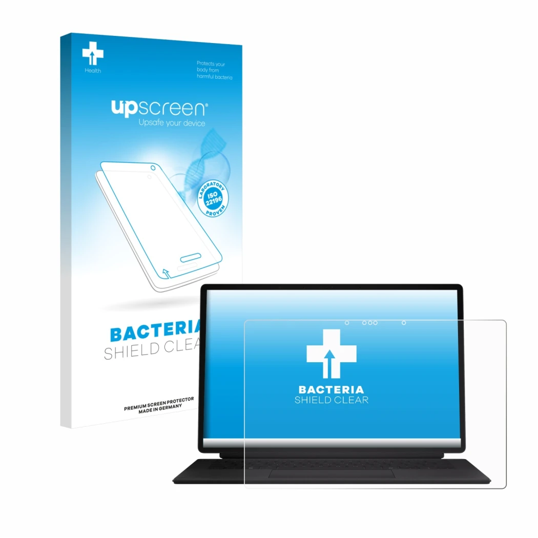 Face avant d’un emballage produit avec le logo de la marque upscreen. À côté, l’appareil ASUS ProArt PZ14 est représenté avec 