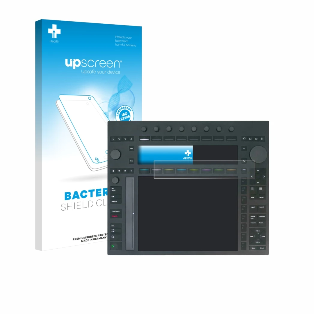 Face avant d’un emballage produit avec le logo de la marque upscreen. À côté, l’appareil Ableton Push 3 est représenté avec la