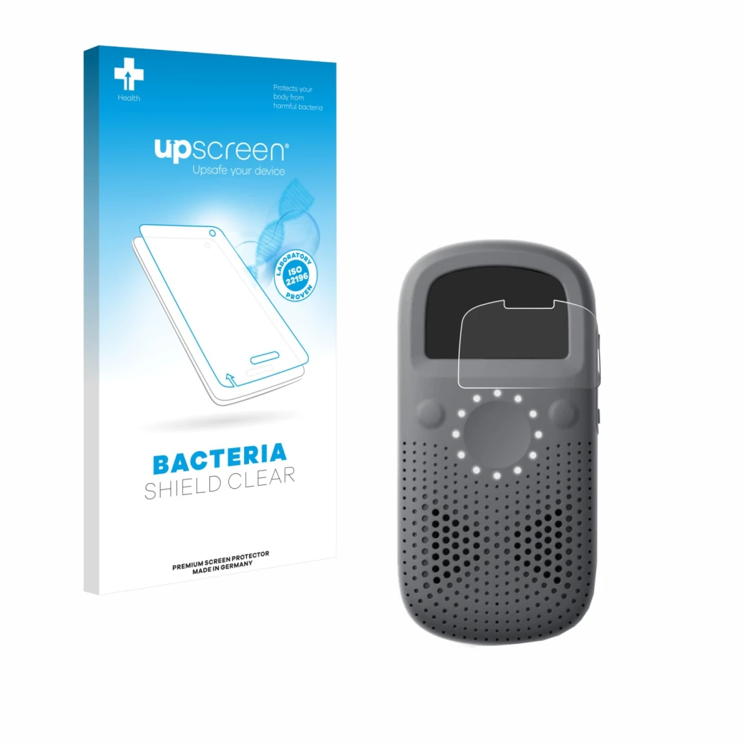 Face avant d’un emballage produit avec le logo de la marque upscreen. À côté, l’appareil Relay X est représenté avec la protec