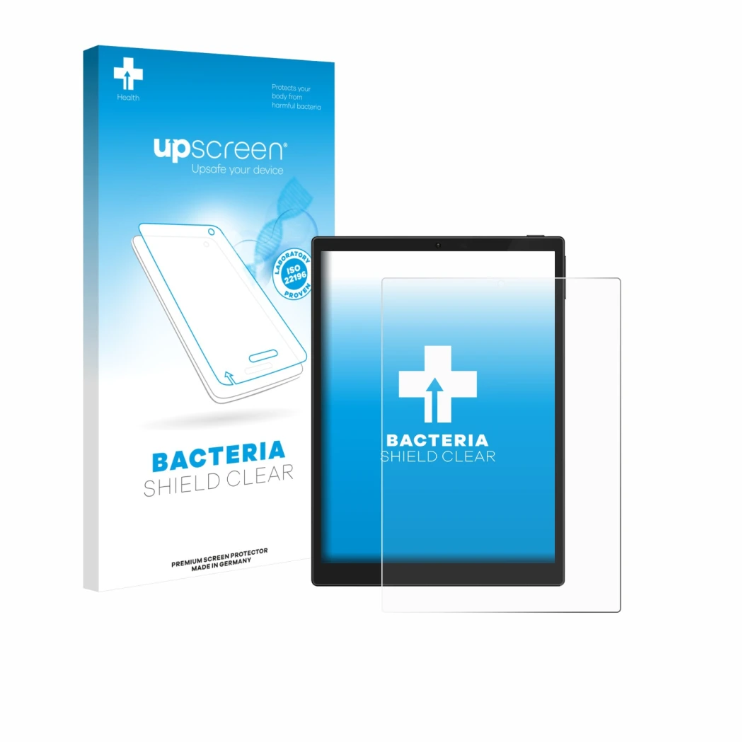 Face avant d’un emballage produit avec le logo de la marque upscreen. À côté, l’appareil Hannspree Lumo 7.8 est représenté ave