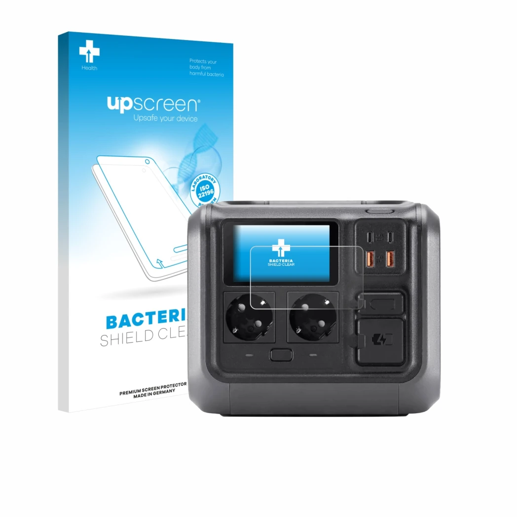 Face avant d’un emballage produit avec le logo de la marque upscreen. À côté, l’appareil DJI Power 500 est représenté avec la 