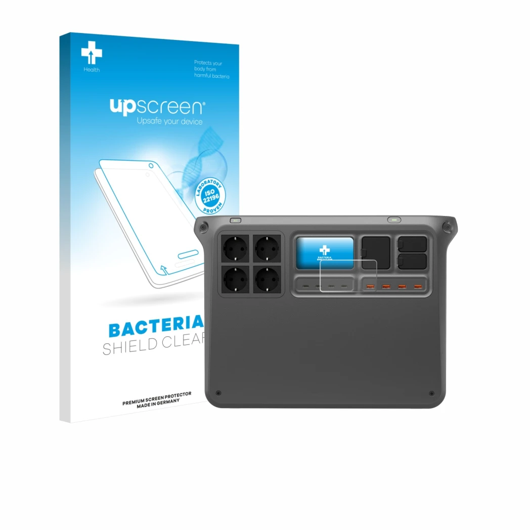 Face avant d’un emballage produit avec le logo de la marque upscreen. À côté, l’appareil DJI Power 2000 est représenté avec la