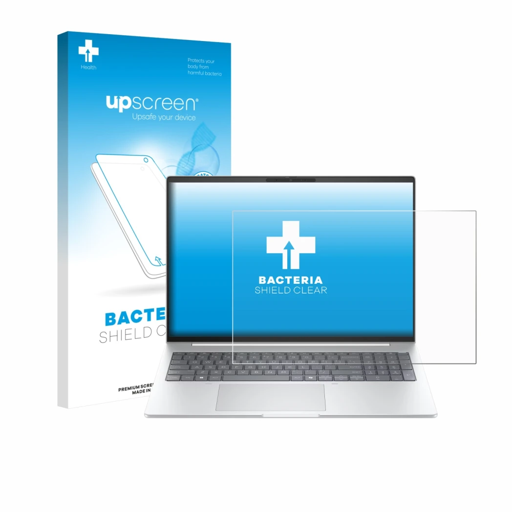 Face avant d’un emballage produit avec le logo de la marque upscreen. À côté, l’appareil HP EliteBook 8 G1i 16