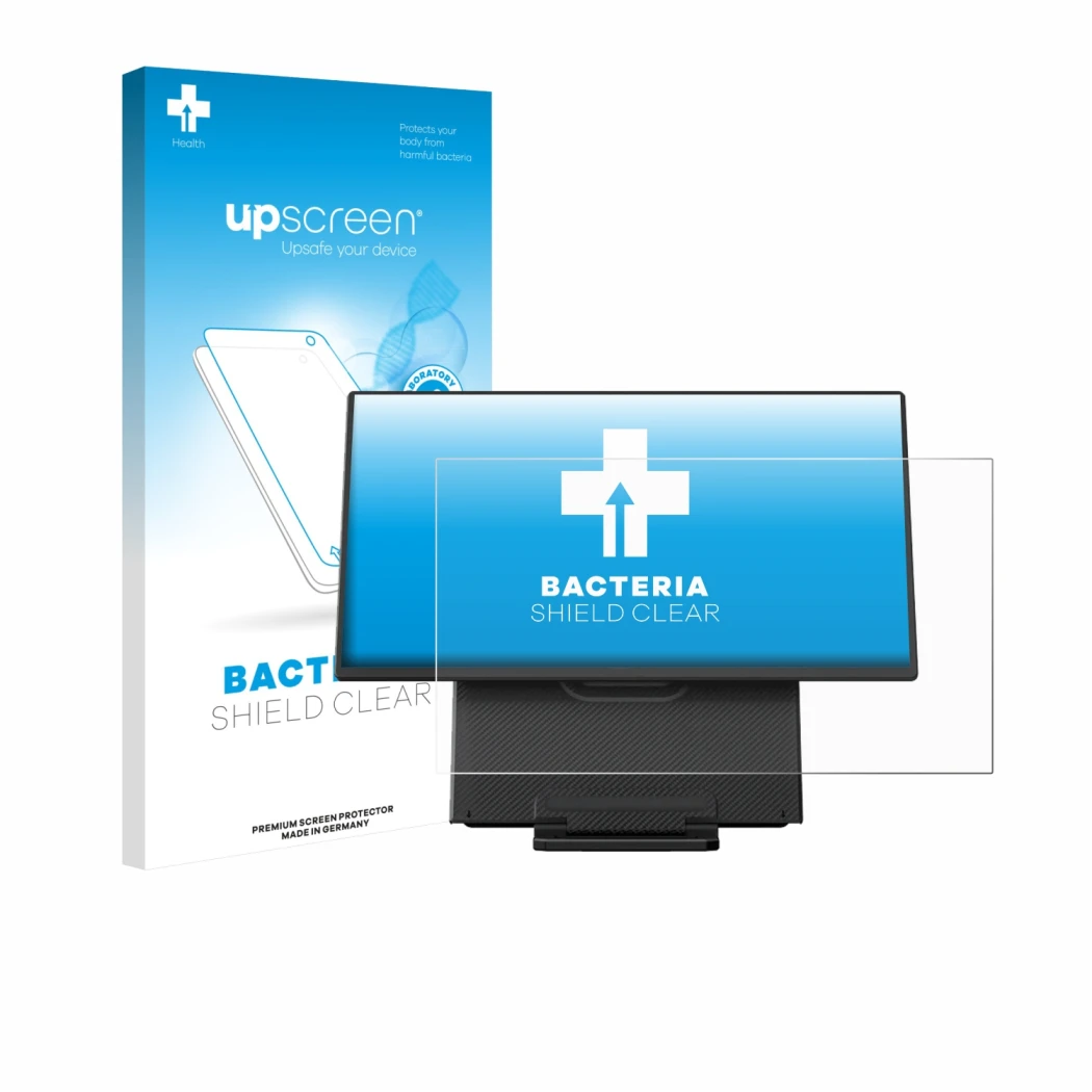 Face avant d’un emballage produit avec le logo de la marque upscreen. À côté, l’appareil Blackview Table 10 23.8