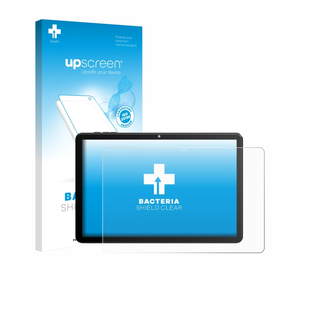 Face avant d’un emballage produit avec le logo de la marque upscreen. À côté, l’appareil Rebecco Z50 10.1