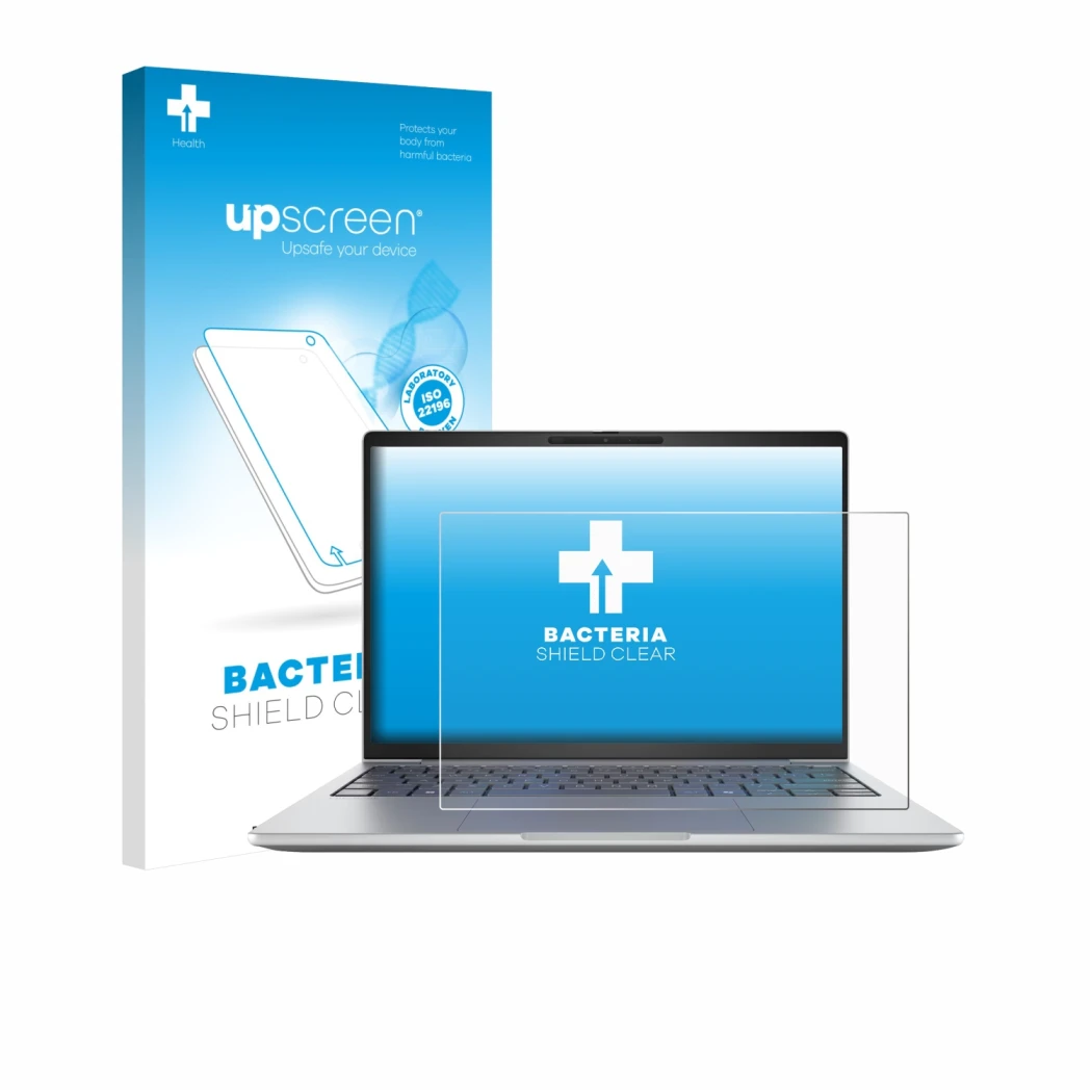 Face avant d’un emballage produit avec le logo de la marque upscreen. À côté, l’appareil HP EliteBook 8 G1i 13