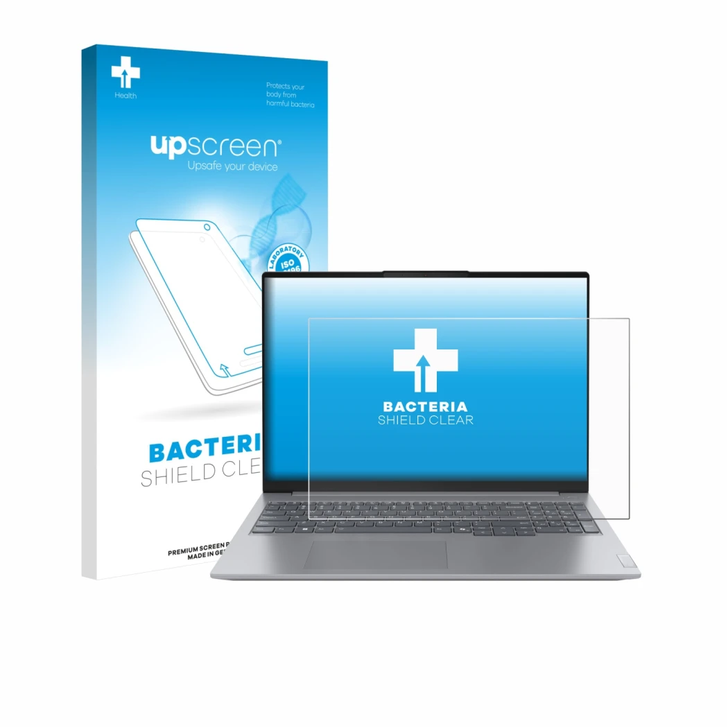 Face avant d’un emballage produit avec le logo de la marque upscreen. À côté, l’appareil Lenovo ThinkBook 16 Gen 7+ est représ