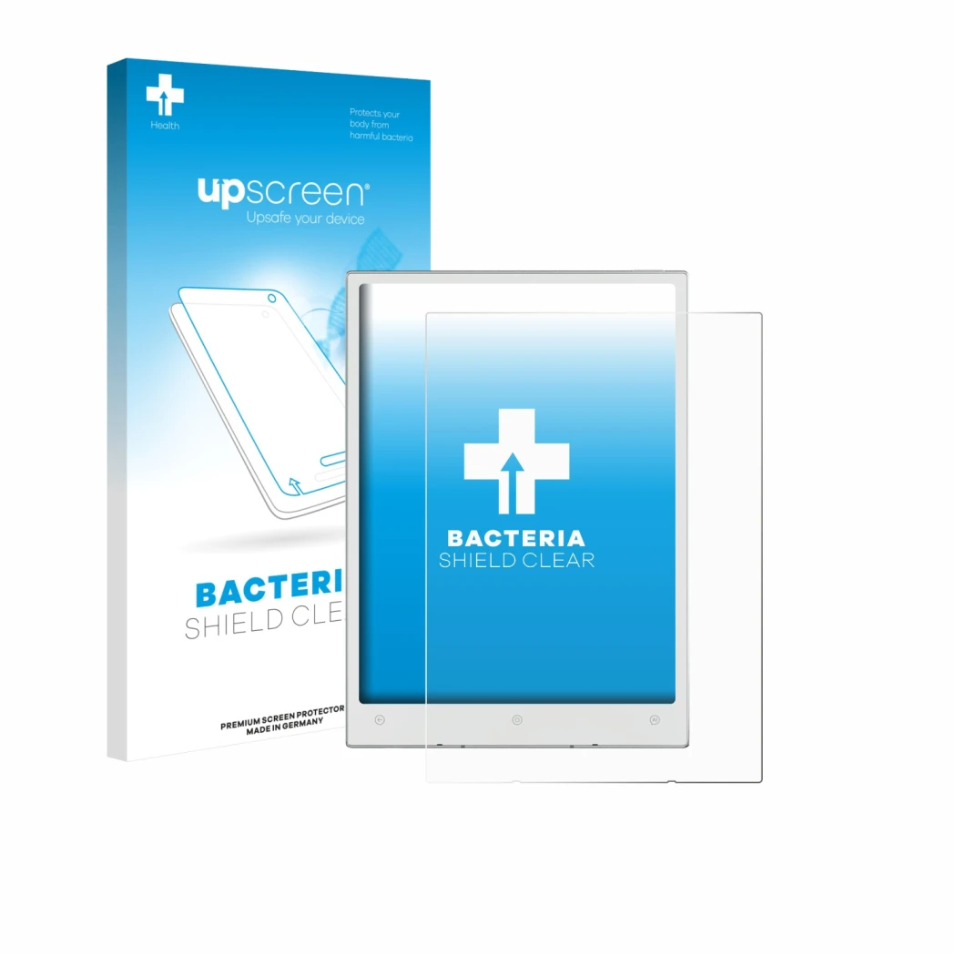 Face avant d’un emballage produit avec le logo de la marque upscreen. À côté, l’appareil Viwoods AiPaper Mini est représenté a