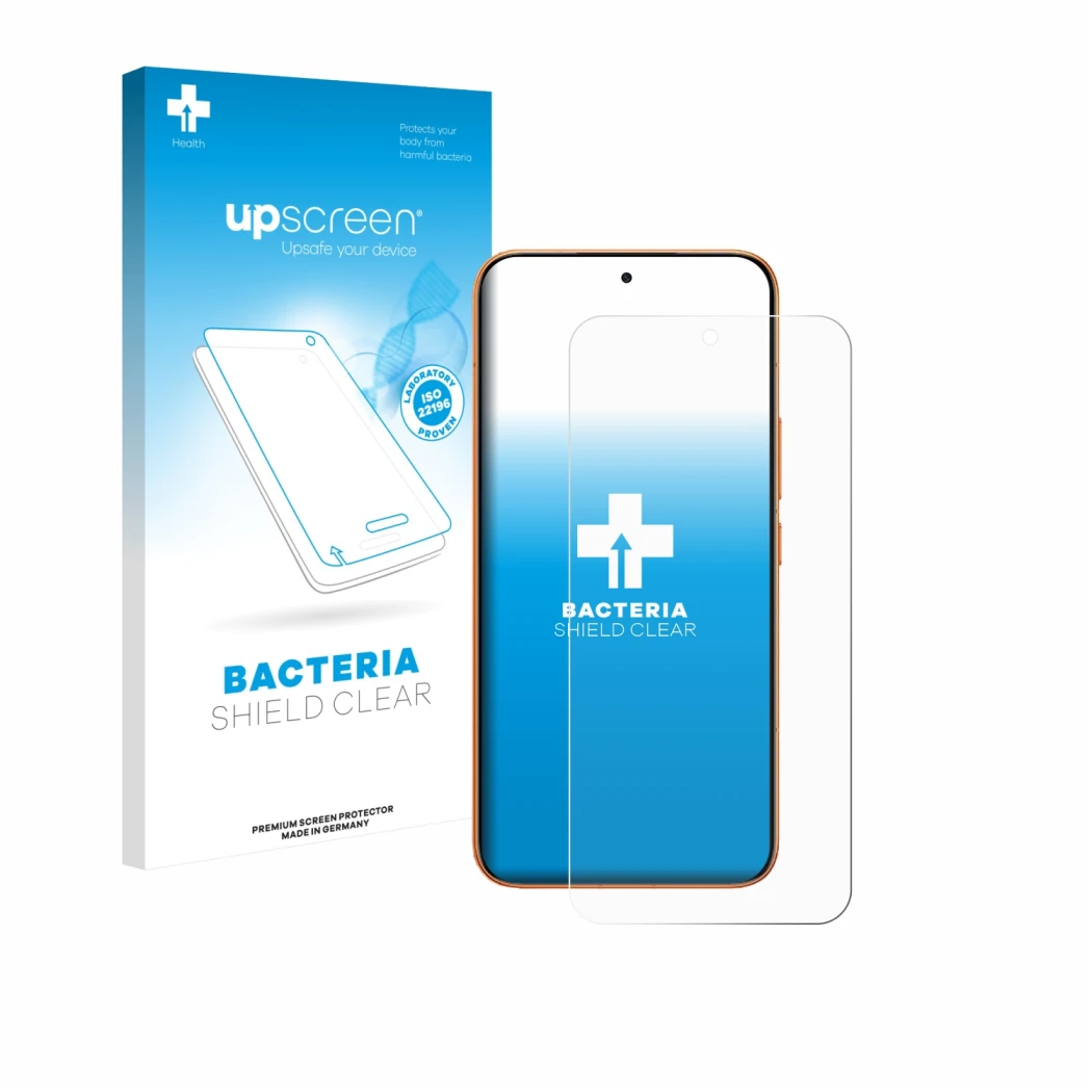 Face avant d’un emballage produit avec le logo de la marque upscreen. À côté, l’appareil Xiaomi Redmi Turbo 5 Max est représen