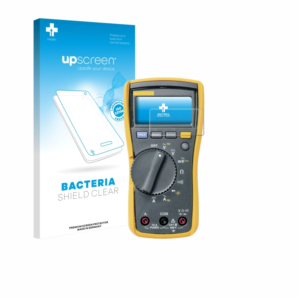 Face avant d’un emballage produit avec le logo de la marque upscreen. À côté, l’appareil Fluke MultiMeter 115 est représenté a