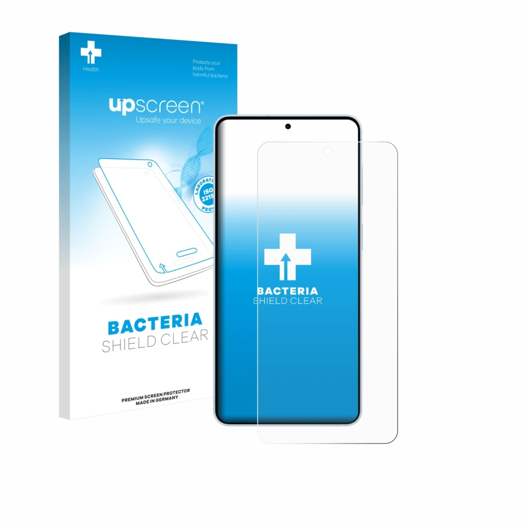 Face avant d’un emballage produit avec le logo de la marque upscreen. À côté, l’appareil Samsung Galaxy S26 Plus est représent