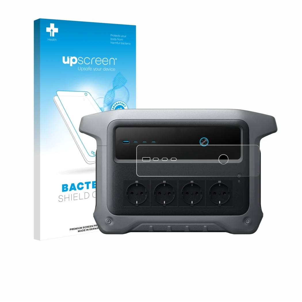 Face avant d’un emballage produit avec le logo de la marque upscreen. À côté, l’appareil Anker SOLIX C1000 Gen 2 est représent