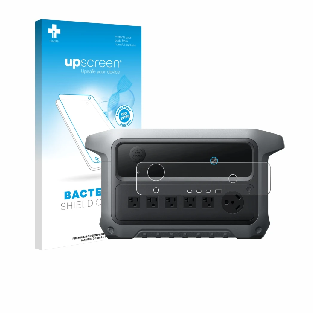 Face avant d’un emballage produit avec le logo de la marque upscreen. À côté, l’appareil Anker SOLIX C2000 Gen 2 est représent