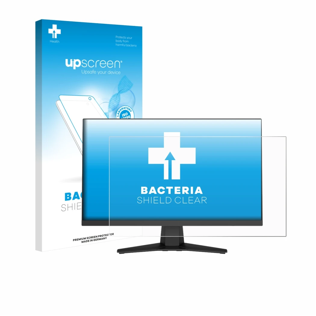 Face avant d’un emballage produit avec le logo de la marque upscreen. À côté, l’appareil MSI MAG 244F est représenté avec la p