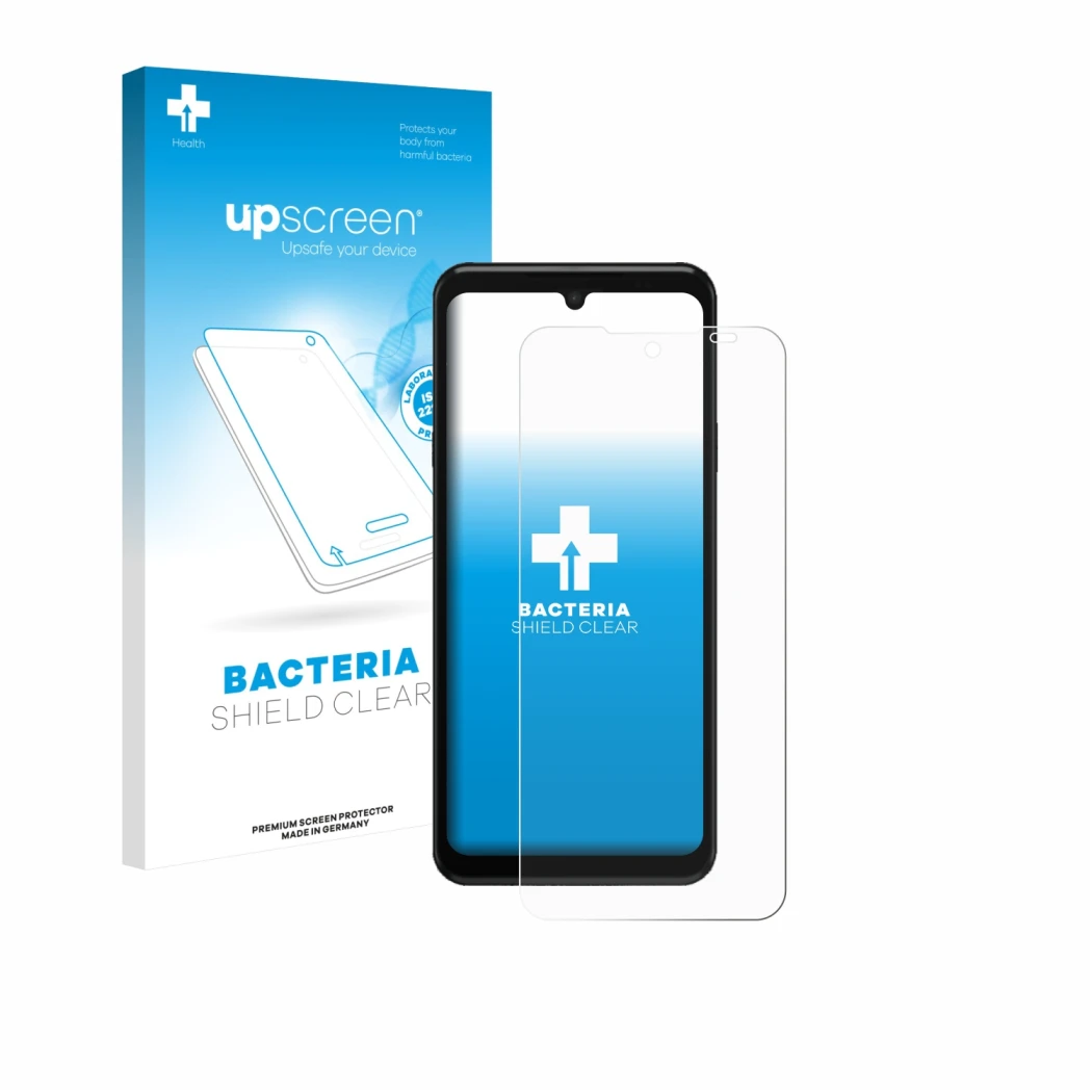 Face avant d’un emballage produit avec le logo de la marque upscreen. À côté, l’appareil Sunmi M3 est représenté avec la prote