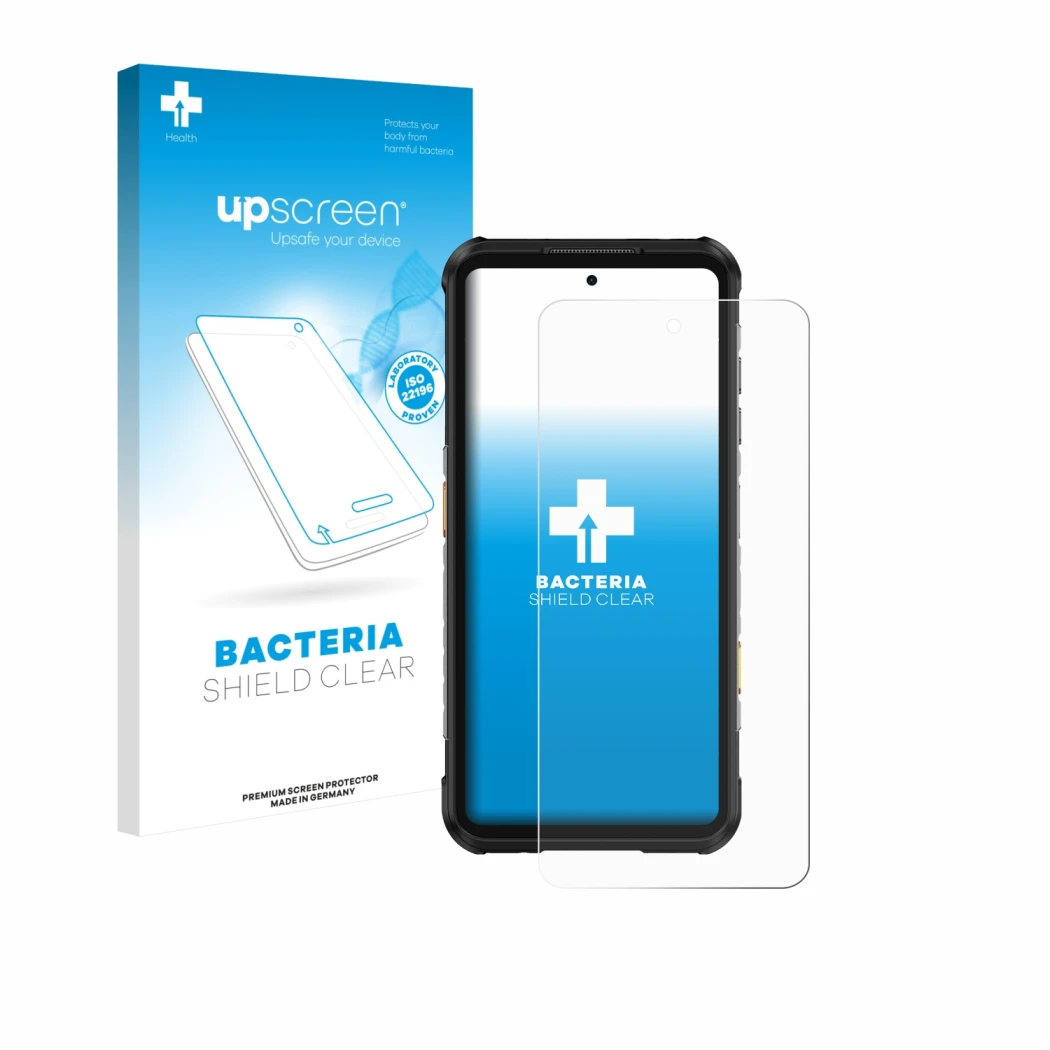 Face avant d’un emballage produit avec le logo de la marque upscreen. À côté, l’appareil Ulefone RugOne Xever 7 Pro est représ