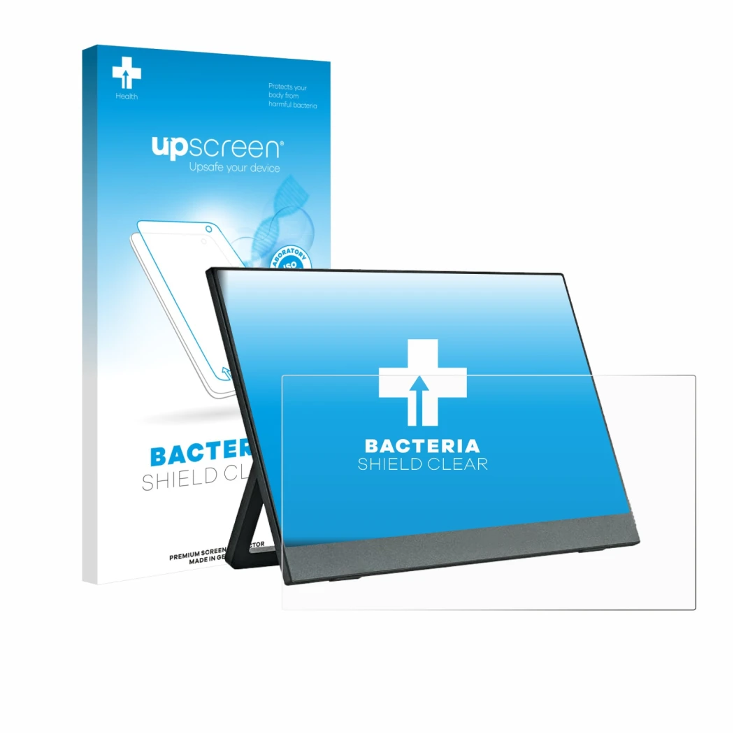 Face avant d’un emballage produit avec le logo de la marque upscreen. À côté, l’appareil Anmite A140W03 14