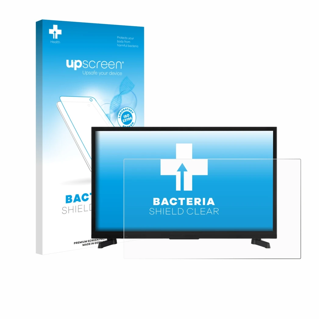 Face avant d’un emballage produit avec le logo de la marque upscreen. À côté, l’appareil JVC LT-24VRH3555 est représenté avec 