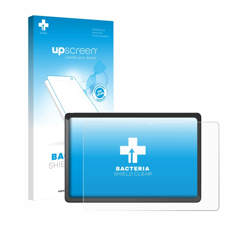 Face avant d’un emballage produit avec le logo de la marque upscreen. À côté, l’appareil Chuwi AuPad est représenté avec la pr