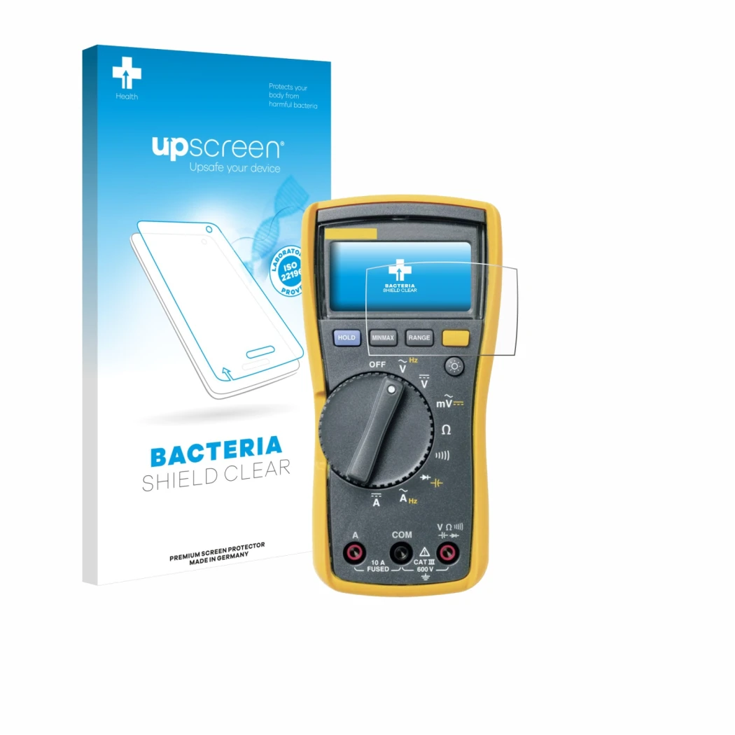 Face avant d’un emballage produit avec le logo de la marque upscreen. À côté, l’appareil Fluke MultiMeter 113 est représenté a
