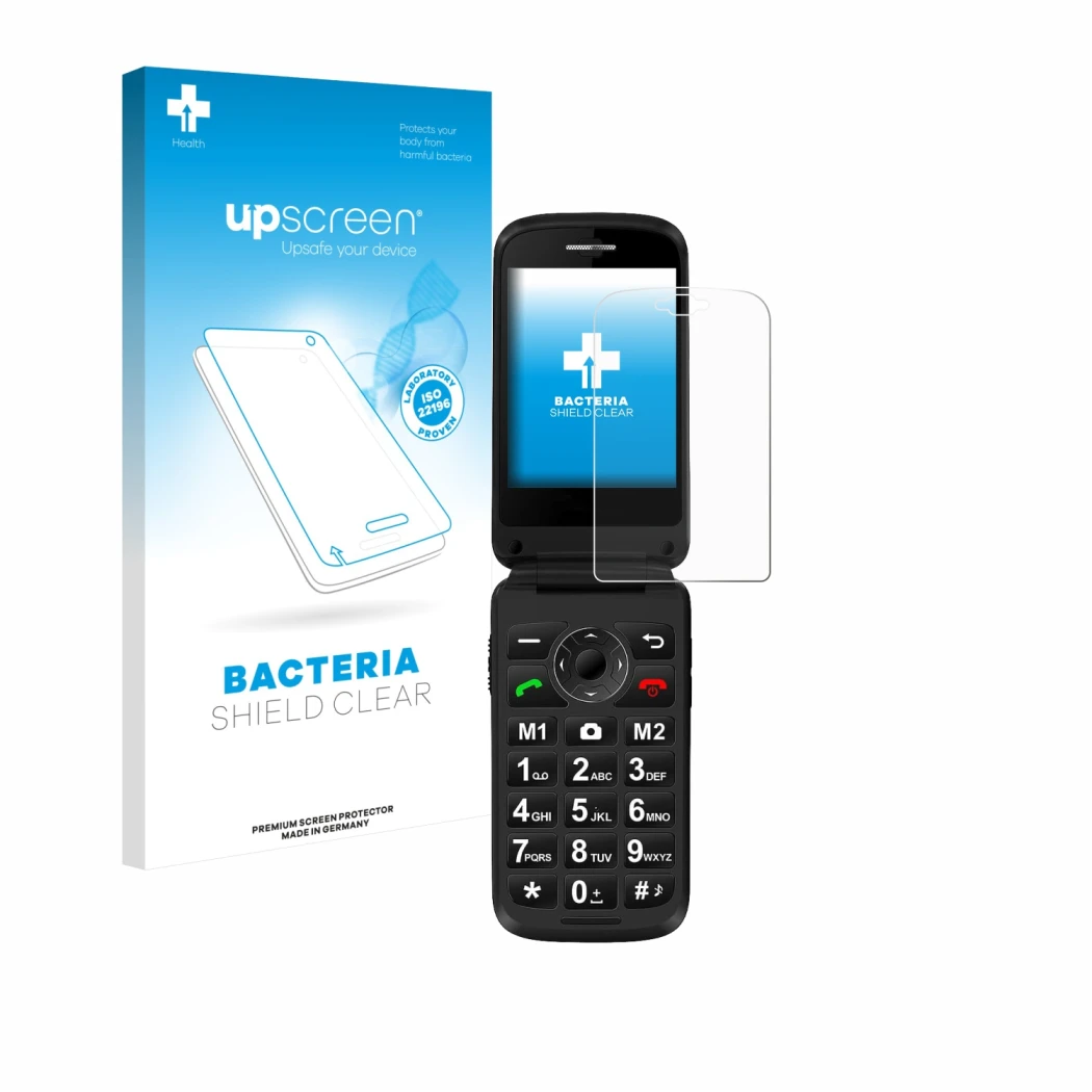 Face avant d’un emballage produit avec le logo de la marque upscreen. À côté, l’appareil Simvalley Mobile XL-970 est représent