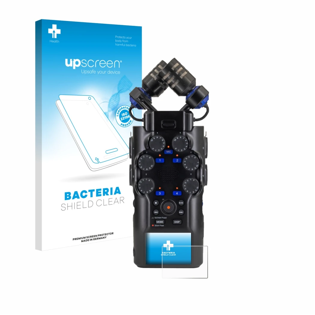 Face avant d’un emballage produit avec le logo de la marque upscreen. À côté, l’appareil Zoom H6 studio est représenté avec la