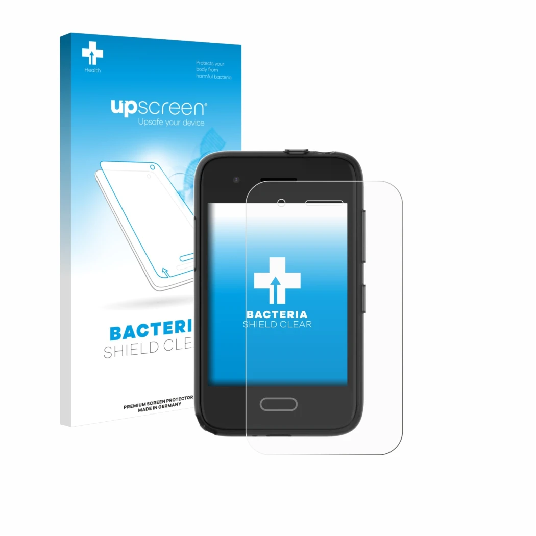Face avant d’un emballage produit avec le logo de la marque upscreen. À côté, l’appareil Xplora One est représenté avec la pro