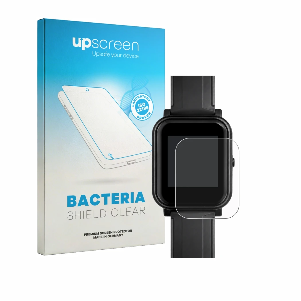 Face avant d’un emballage produit avec le logo de la marque upscreen. À côté, l’appareil Bangle.js 2 est représenté avec la pr