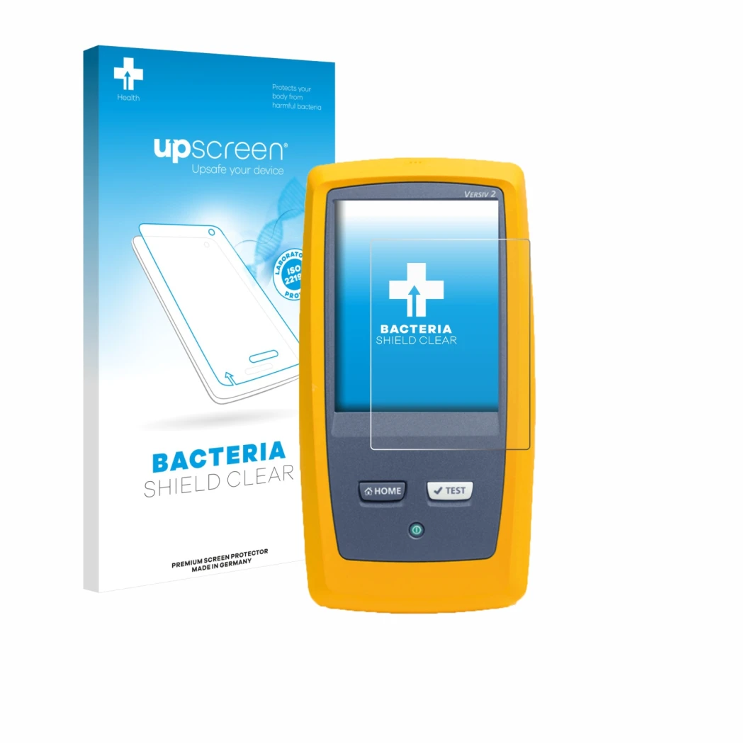 Face avant d’un emballage produit avec le logo de la marque upscreen. À côté, l’appareil Fluke DSX8000 est représenté avec la 