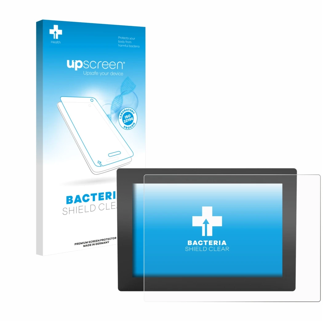 Face avant d’un emballage produit avec le logo de la marque upscreen. À côté, l’appareil WAGO Web Panel 400 est représenté ave