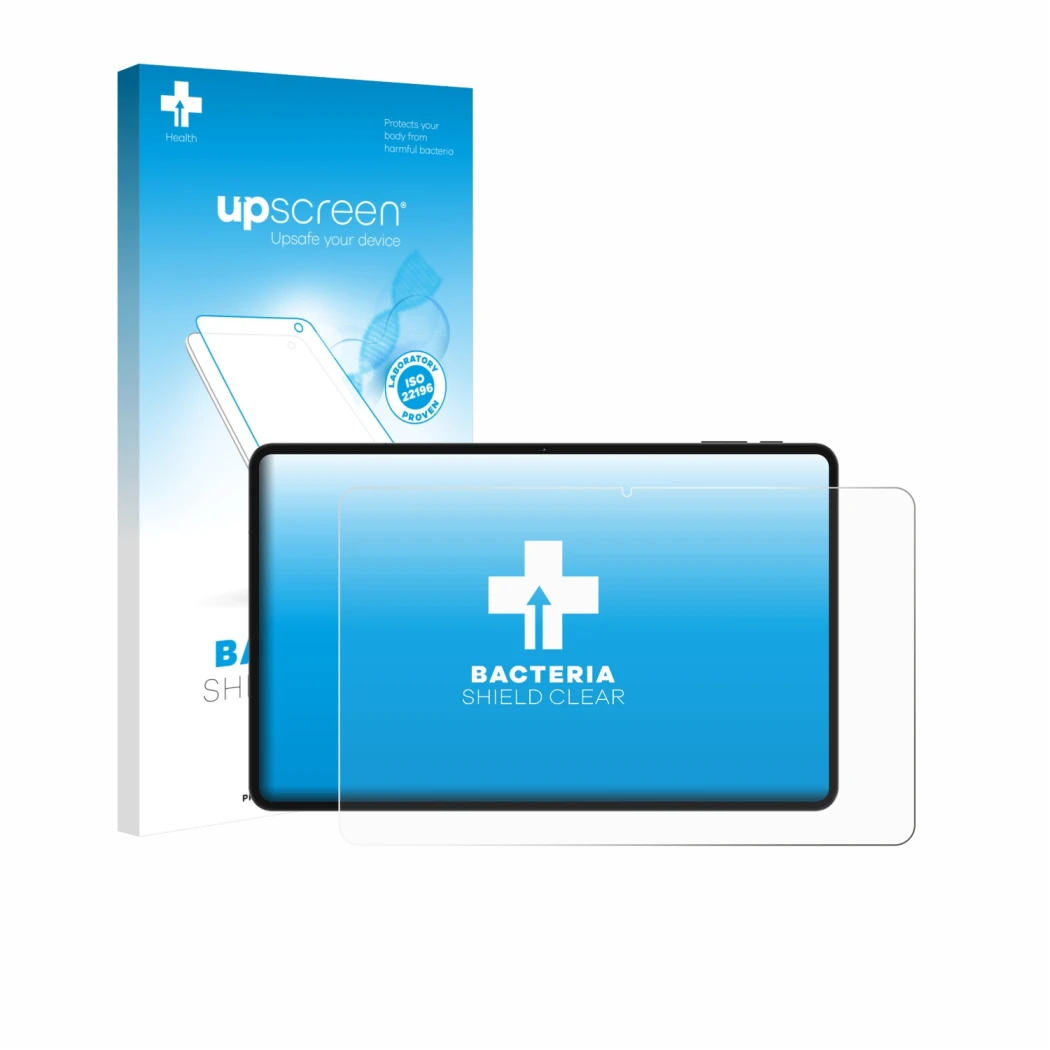 Face avant d’un emballage produit avec le logo de la marque upscreen. À côté, l’appareil Teclast T60 Pro est représenté avec l