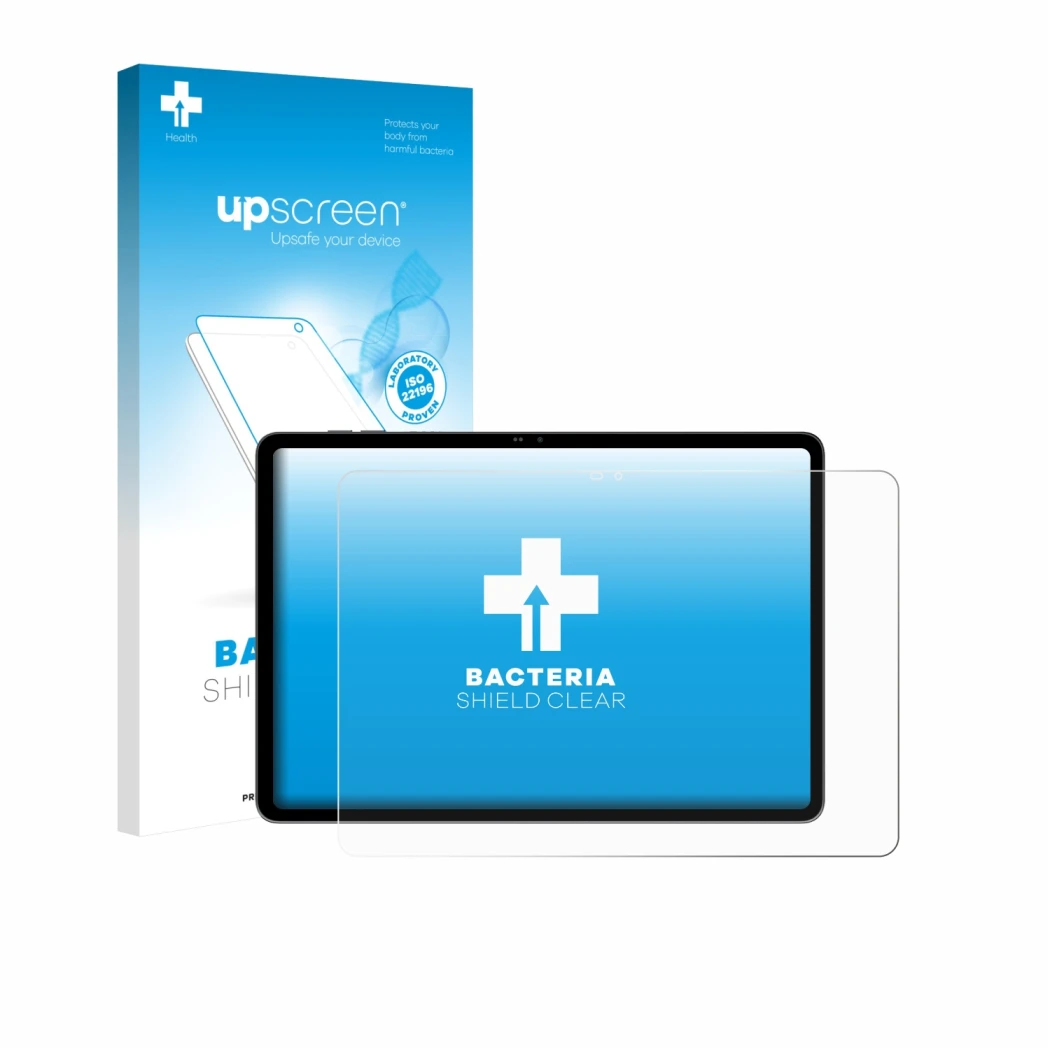 Face avant d’un emballage produit avec le logo de la marque upscreen. À côté, l’appareil Blackview MEGA 12 est représenté avec