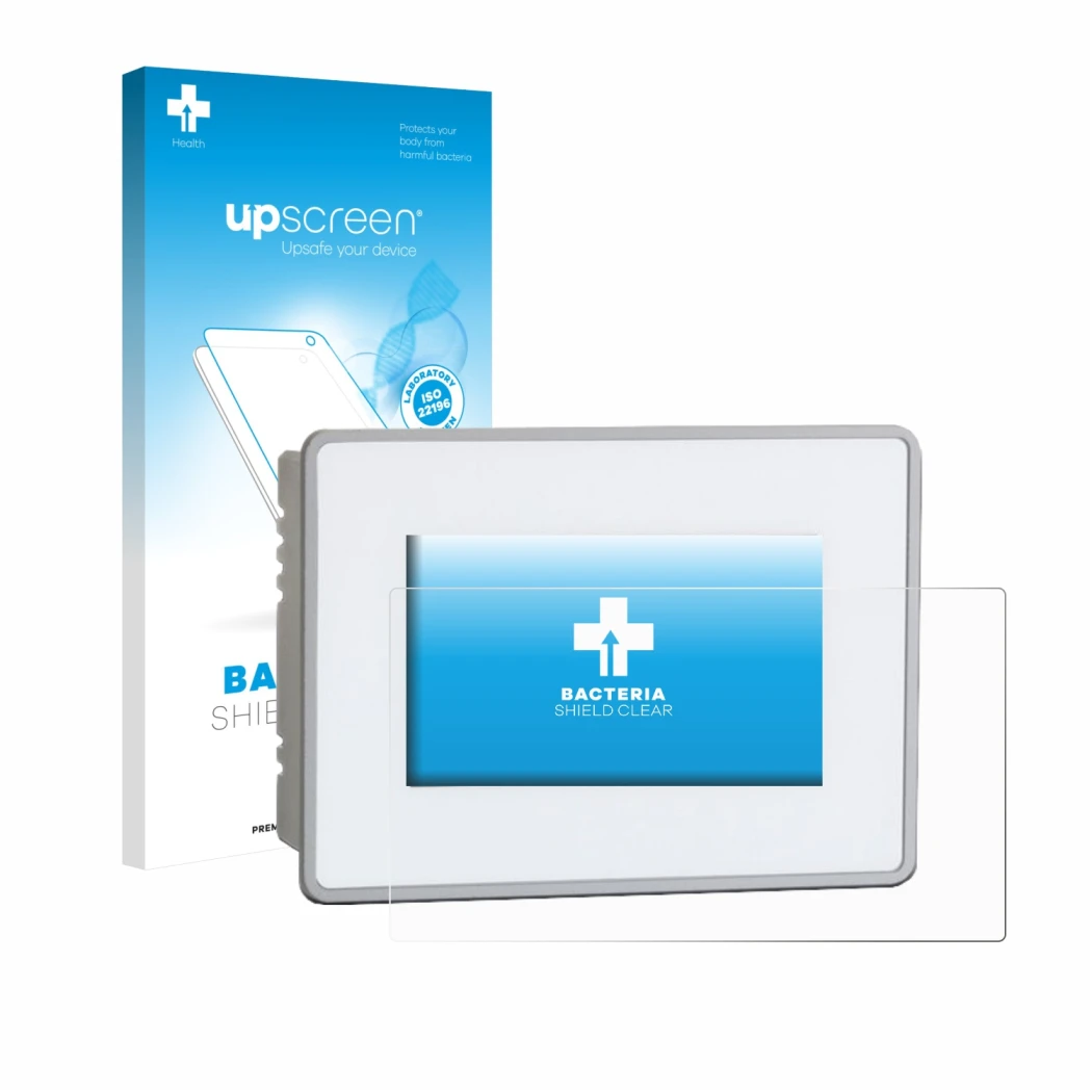 Face avant d’un emballage produit avec le logo de la marque upscreen. À côté, l’appareil BUCHER automation JetView 1004 est re