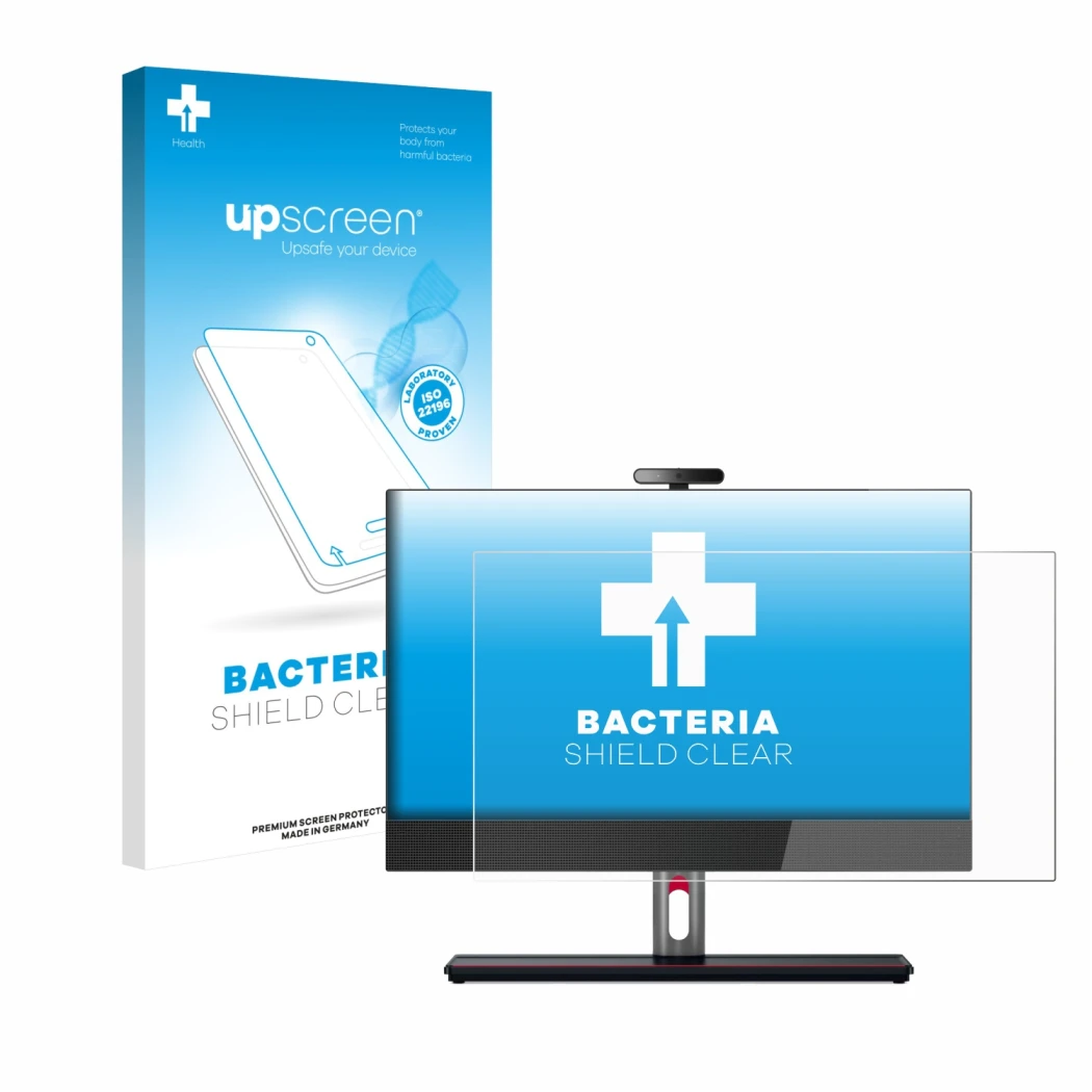 Face avant d’un emballage produit avec le logo de la marque upscreen. À côté, l’appareil Lenovo ThinkCentre M90a Gen 5 23,8