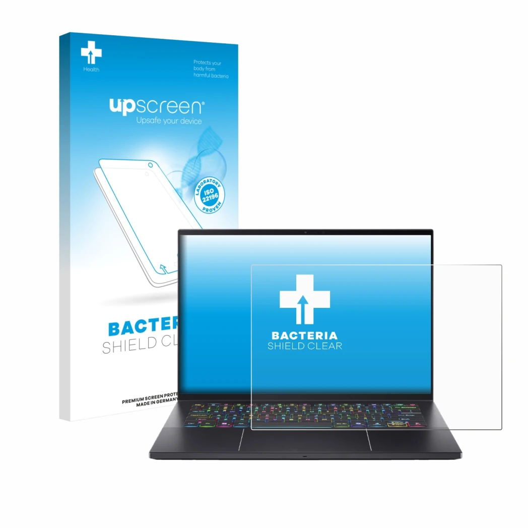 Face avant d’un emballage produit avec le logo de la marque upscreen. À côté, l’appareil Acer Predator Triton 14 AI est représ