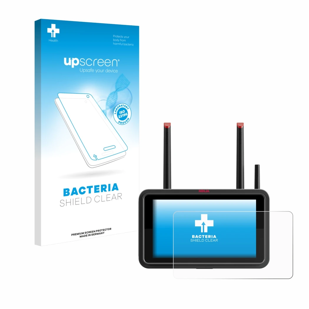 Face avant d’un emballage produit avec le logo de la marque upscreen. À côté, l’appareil Atomos Ninja TX est représenté avec l