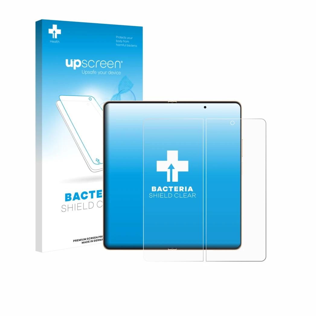 Face avant d’un emballage produit avec le logo de la marque upscreen. À côté, l’appareil Honor Magic V6 (Affichage interne) es