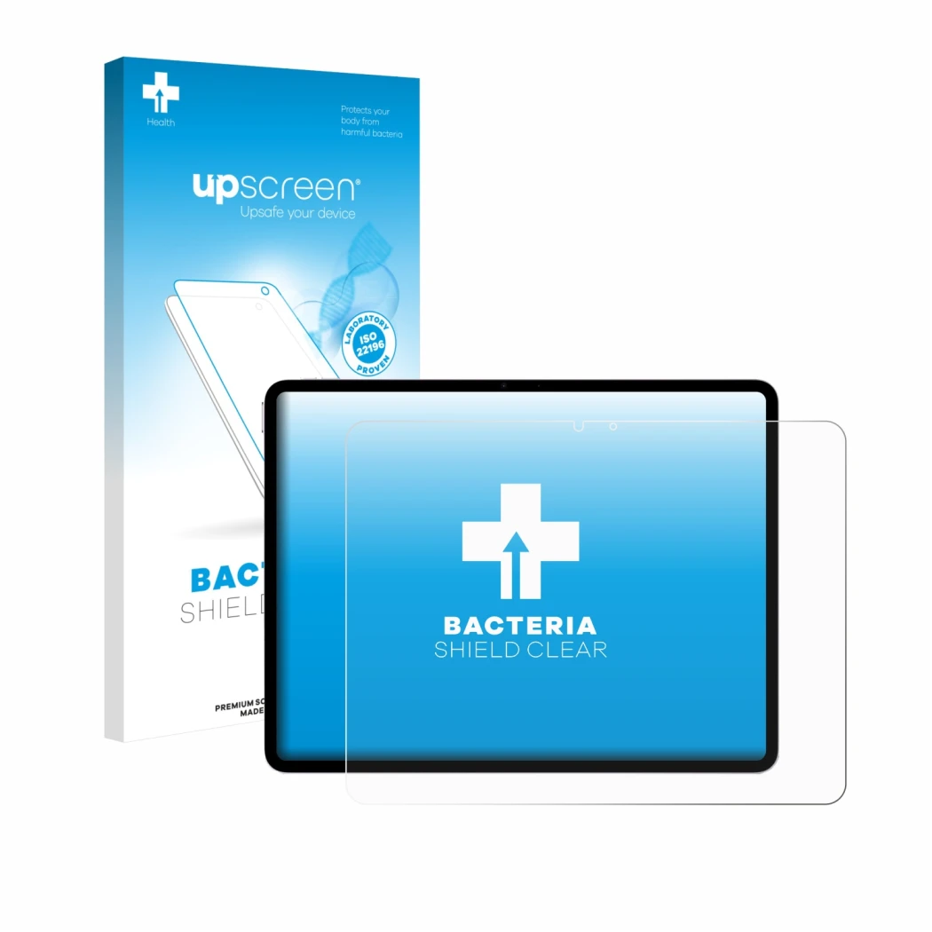 Face avant d’un emballage produit avec le logo de la marque upscreen. À côté, l’appareil Apple iPad Air 13