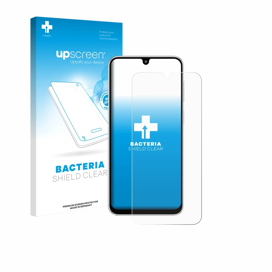 Face avant d’un emballage produit avec le logo de la marque upscreen. À côté, l’appareil Samsung Galaxy M36 est représenté ave