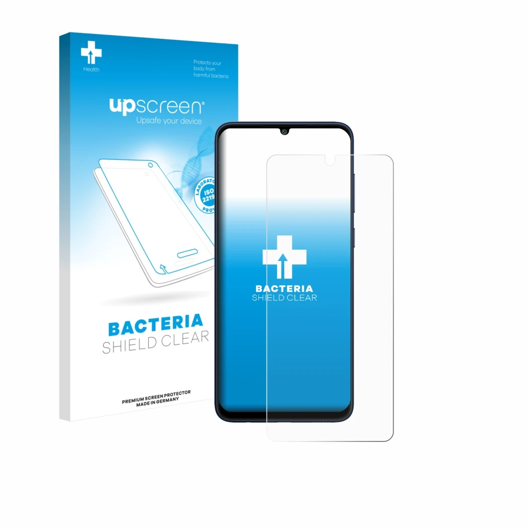Face avant d’un emballage produit avec le logo de la marque upscreen. À côté, l’appareil Samsung Galaxy F05 est représenté ave