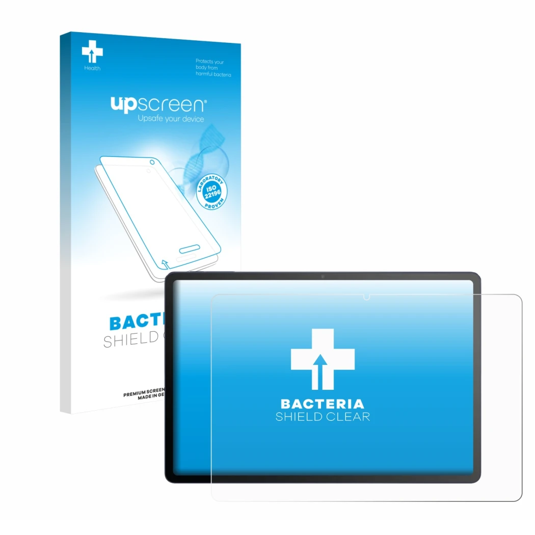 Face avant d’un emballage produit avec le logo de la marque upscreen. À côté, l’appareil TCL Tab A1 Plus est représenté avec l